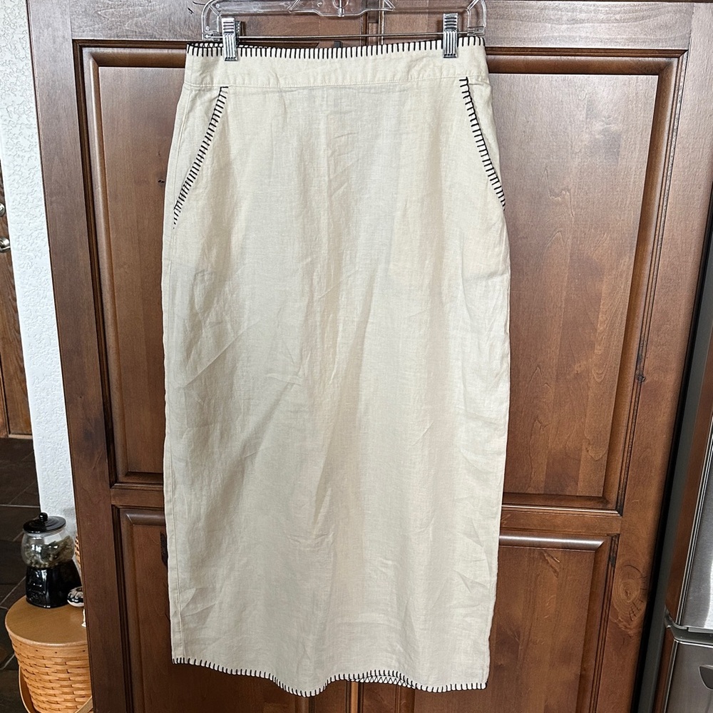 BNWOT Rachel Zoe Women's Linen Skirt Black Stitch Detailing Pockets Back Slit